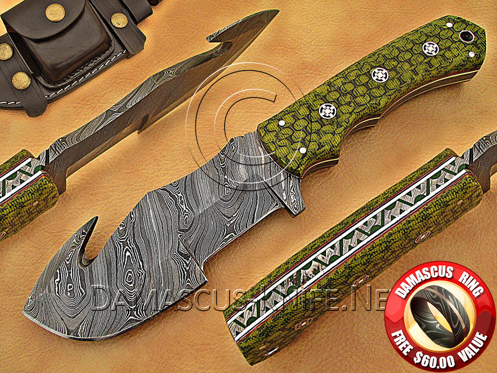 Handmade Damascus Steel Gut Hook Tracker Knife with G10 Micarta Handle