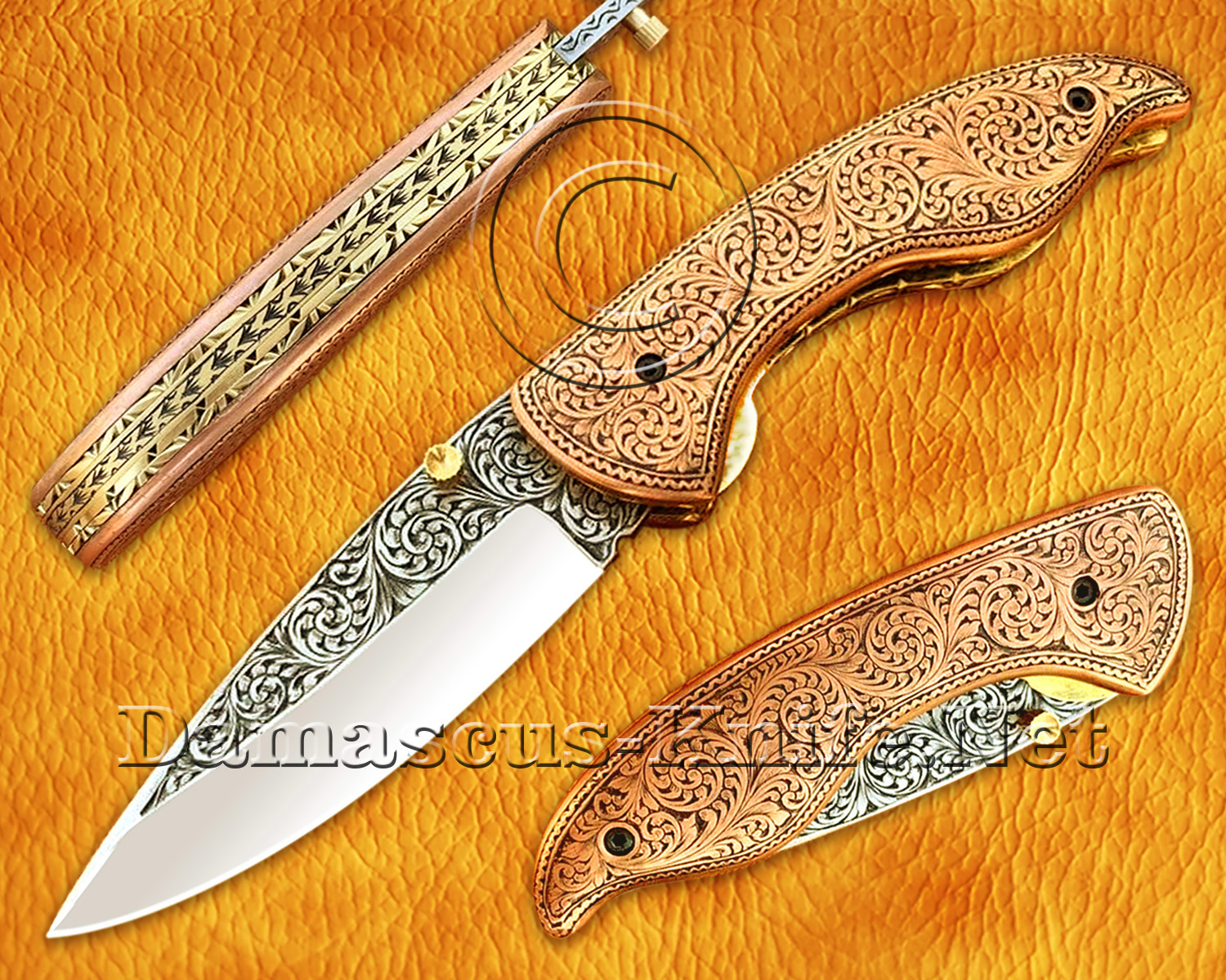 Personalized Hand Engraved 12C27 Stainless Steel Folding Knife with Solid Copper Handle and Cross Draw Sheath
