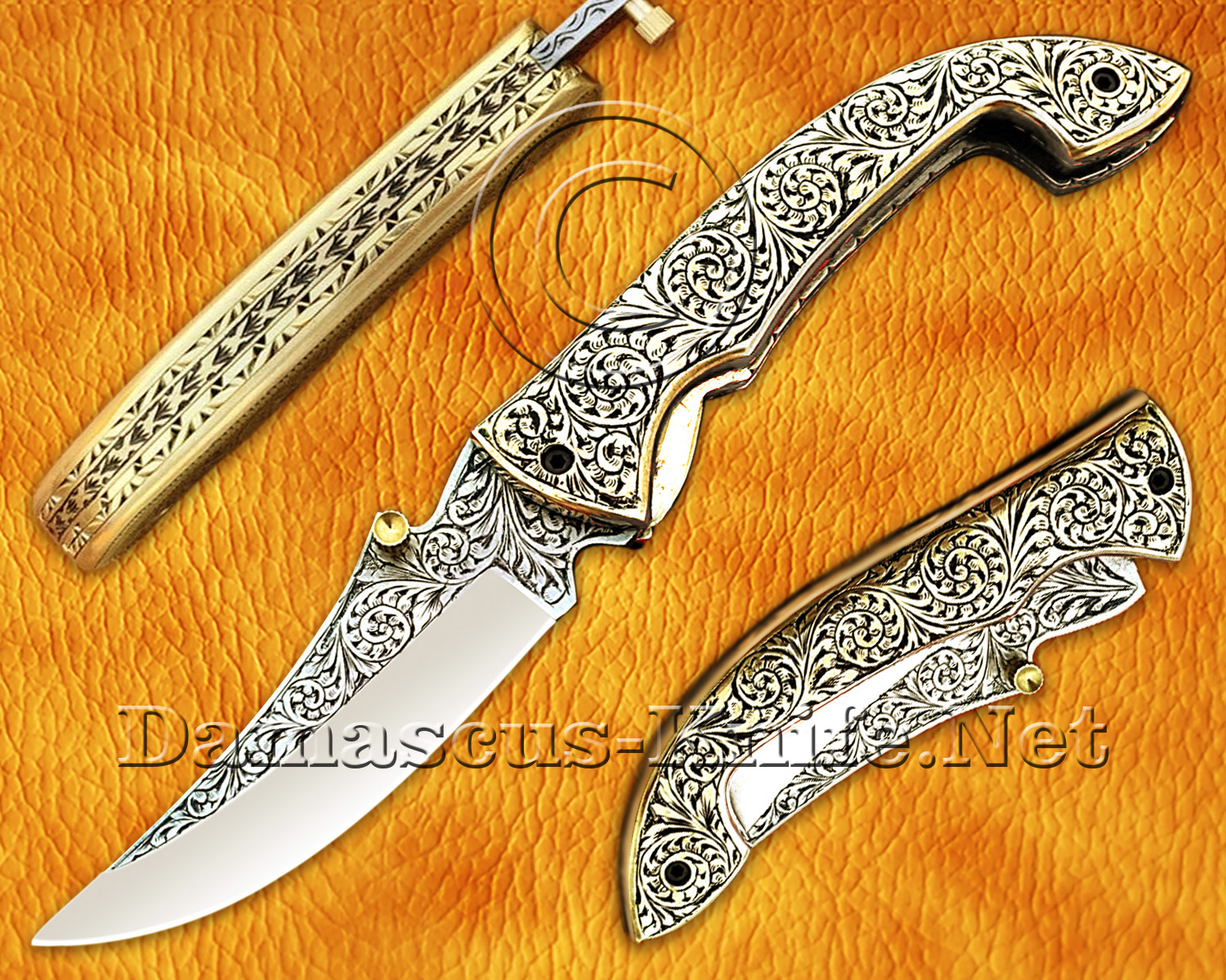 Personalized Hand Engraved 12C27 Stainless Steel Folding Knife with Solid Brass Handle and Cross Draw Sheath