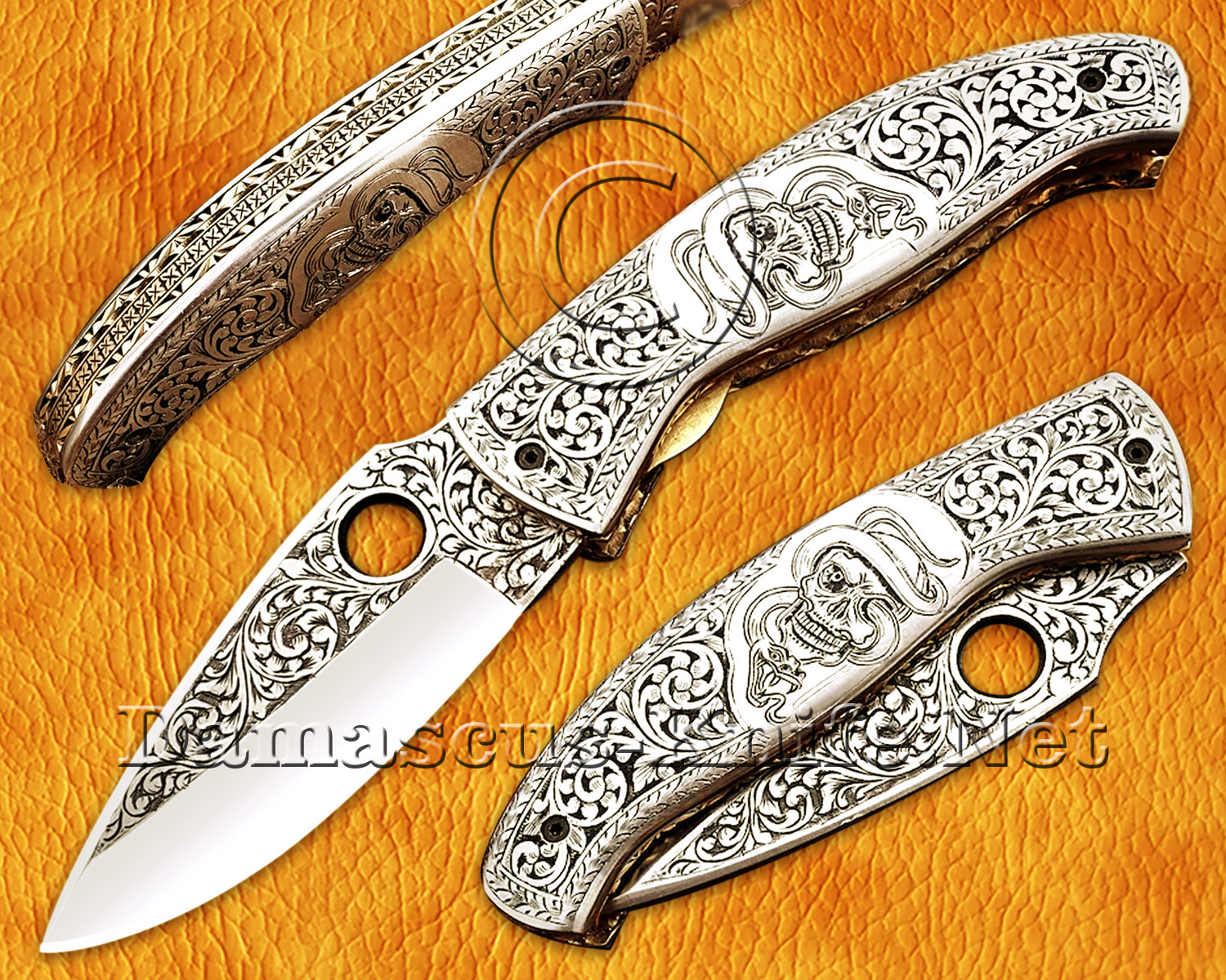 Personalized Hand Engraved 12C27 Stainless Steel Folding Knife with Solid 440B Steel Handle and Cross Draw Sheath