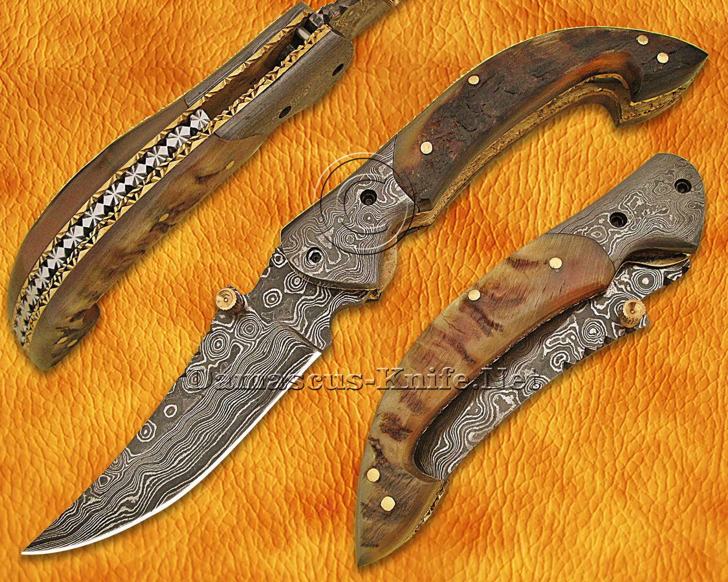 Custom Handmade Damascus Steel Folding Knife with Ram Horn Handle, Damascus Bolster, and Cross Draw Sheath