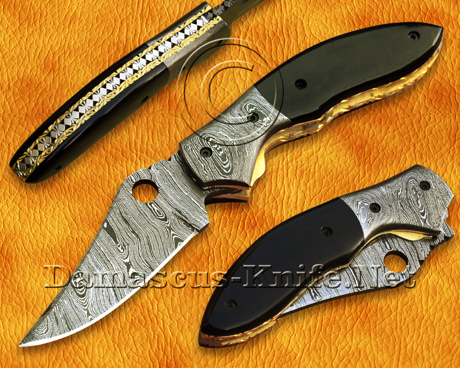 Custom Handmade Damascus Steel Folding Knife with Bull Horn Handle, Damascus Bolster, and Cross Draw Sheath