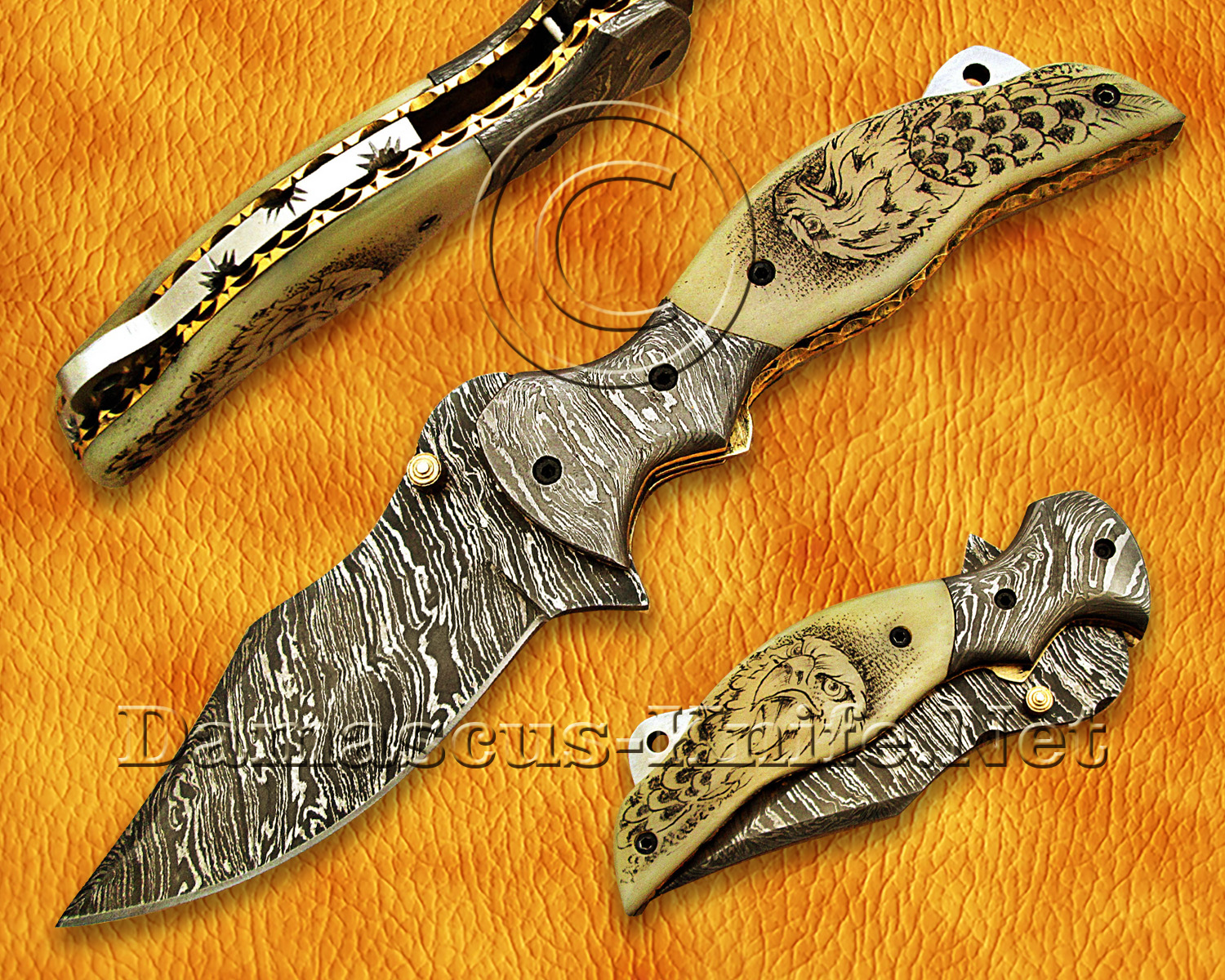 Handmade Damascus Steel Folding Knife with Scrimshaw Bone Handle