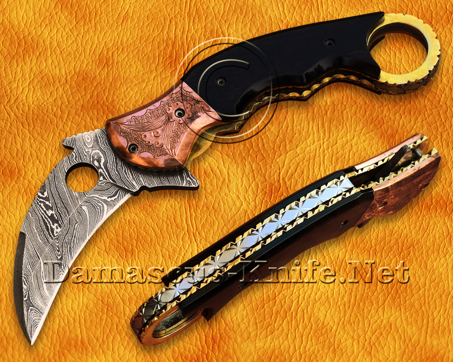 Personalized Handmade Damascus Steel Hawkbill Folding Knife with Copper Art Bolster, Bull Horn Handle, and Cross Draw Sheath
