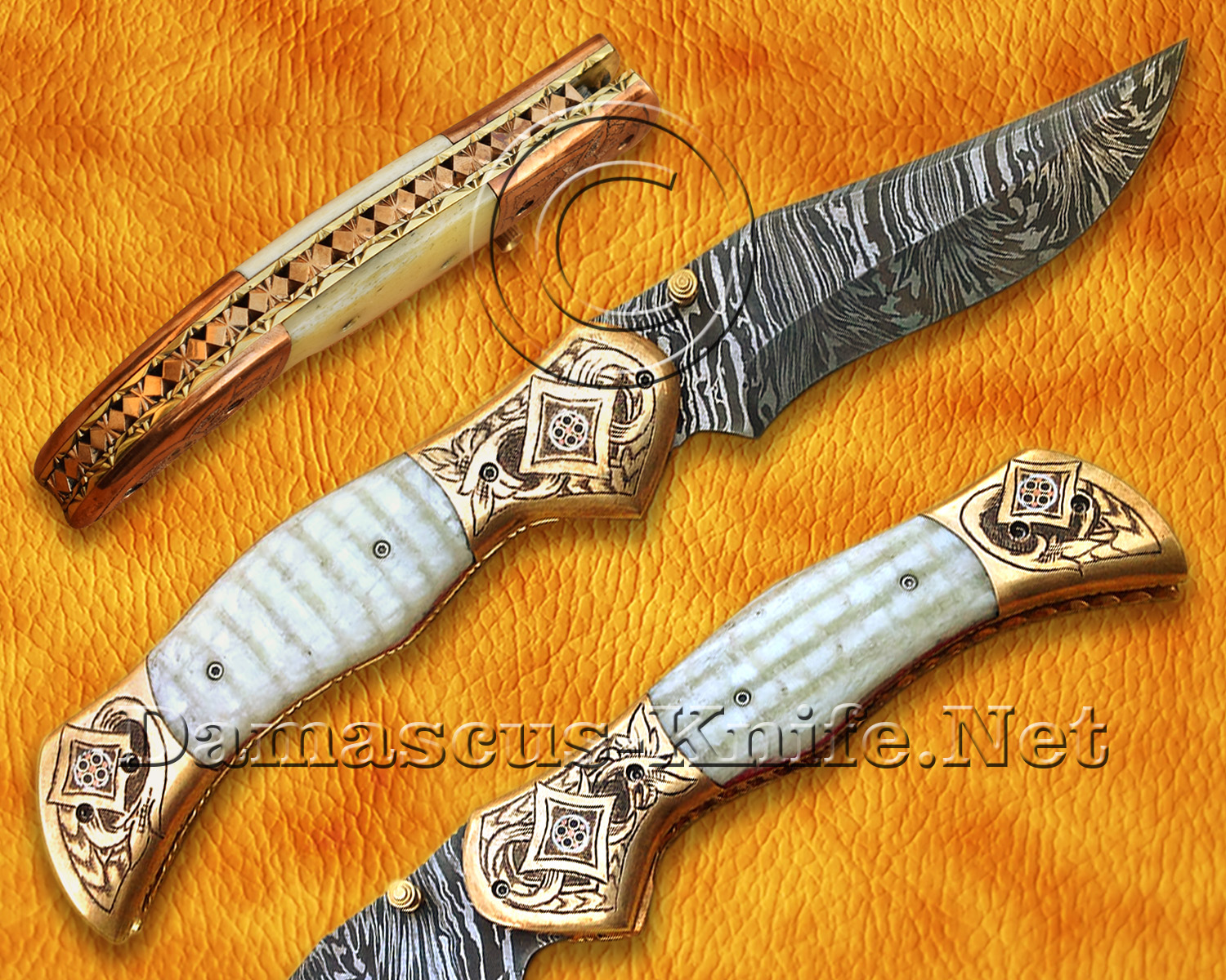 Personalized Hand Engraved Damascus Steel Folding Knife with Scrimshaw Bone Handle, Dual Copper Bolsters, and Cross Draw Sheath