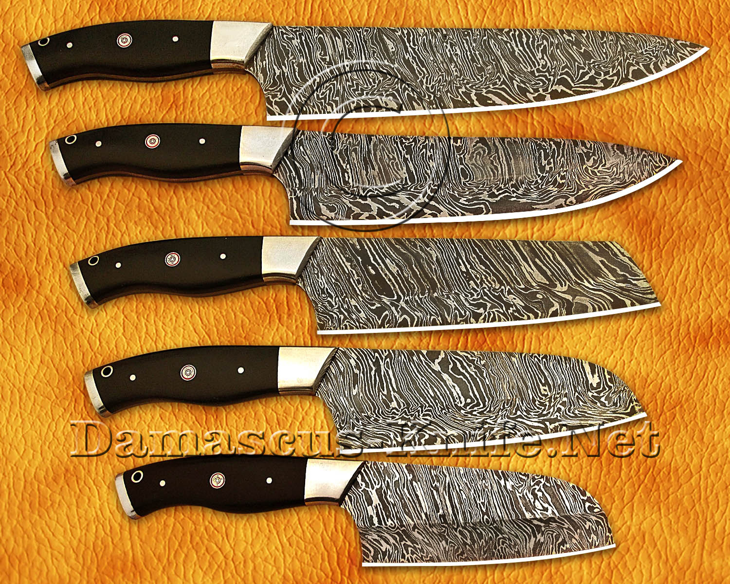 Personalized Custom Handmade Damascus Steel 5-Piece Knife Set with G10 Micarta Handles
