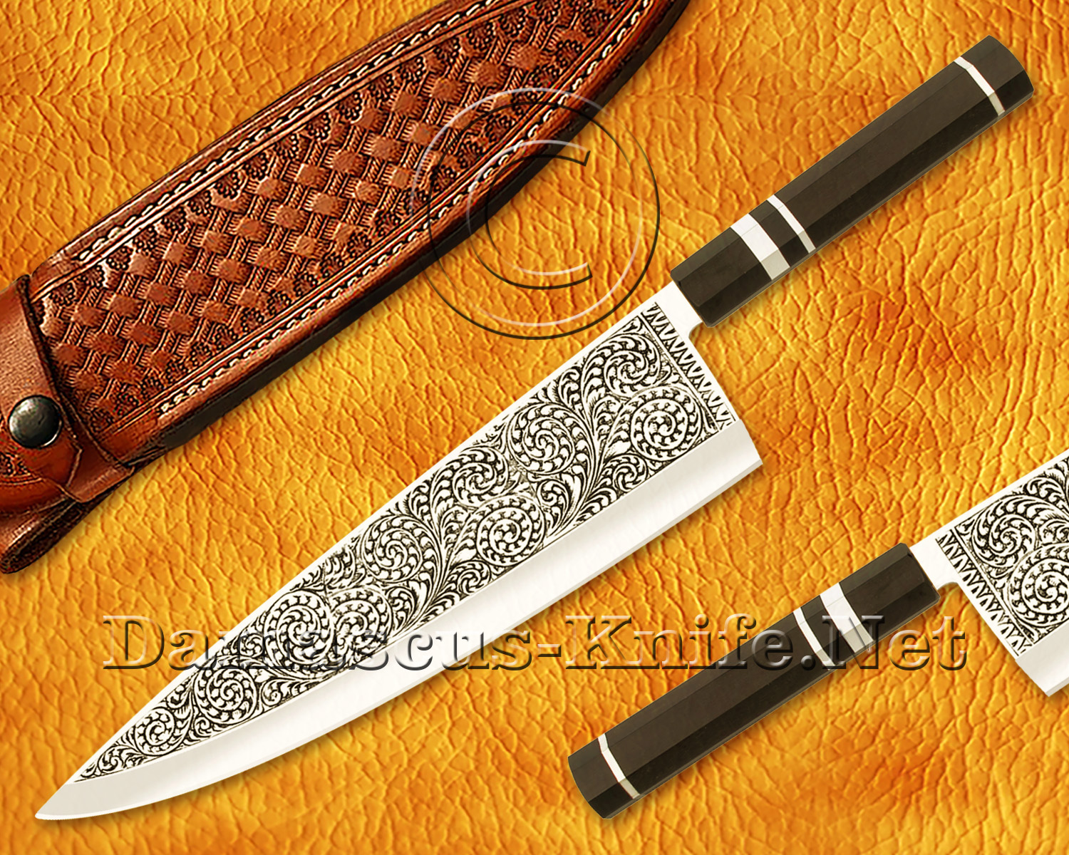 Personalized Hand Engraved Stainless Steel Gyuto Chef Knife with Ebony Wood Handle and 3 Steel Rings
