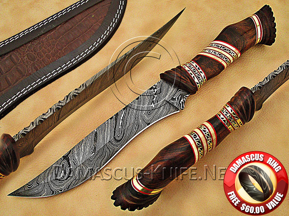 Handmade Damascus Steel Bowie Knife with Rosewood Handle