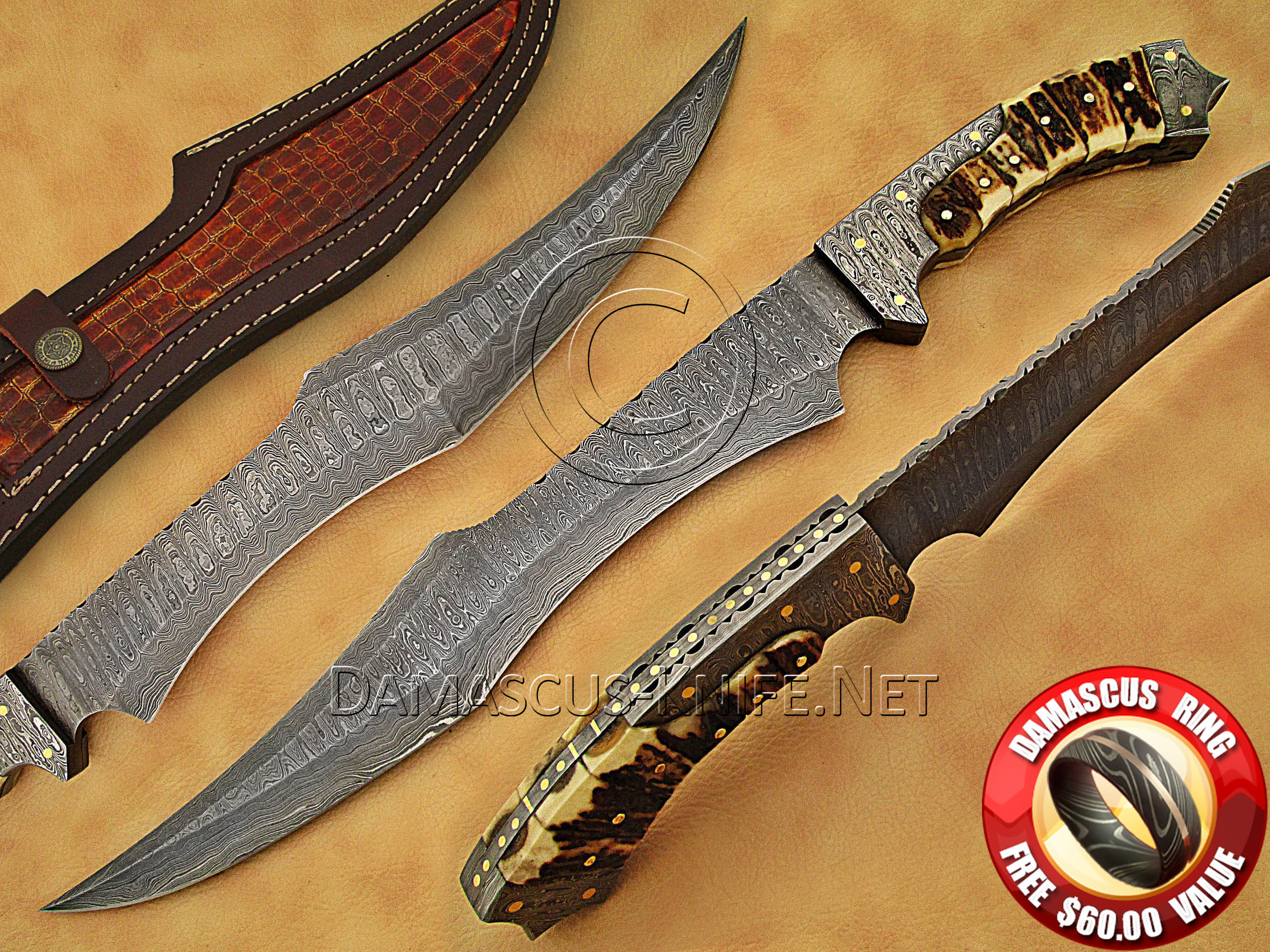 Handmade Damascus Steel Bowie Knife with Stag Handle