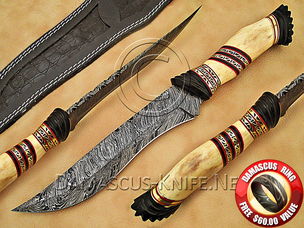 Handmade Damascus Steel Bowie Knife with Bone Handle