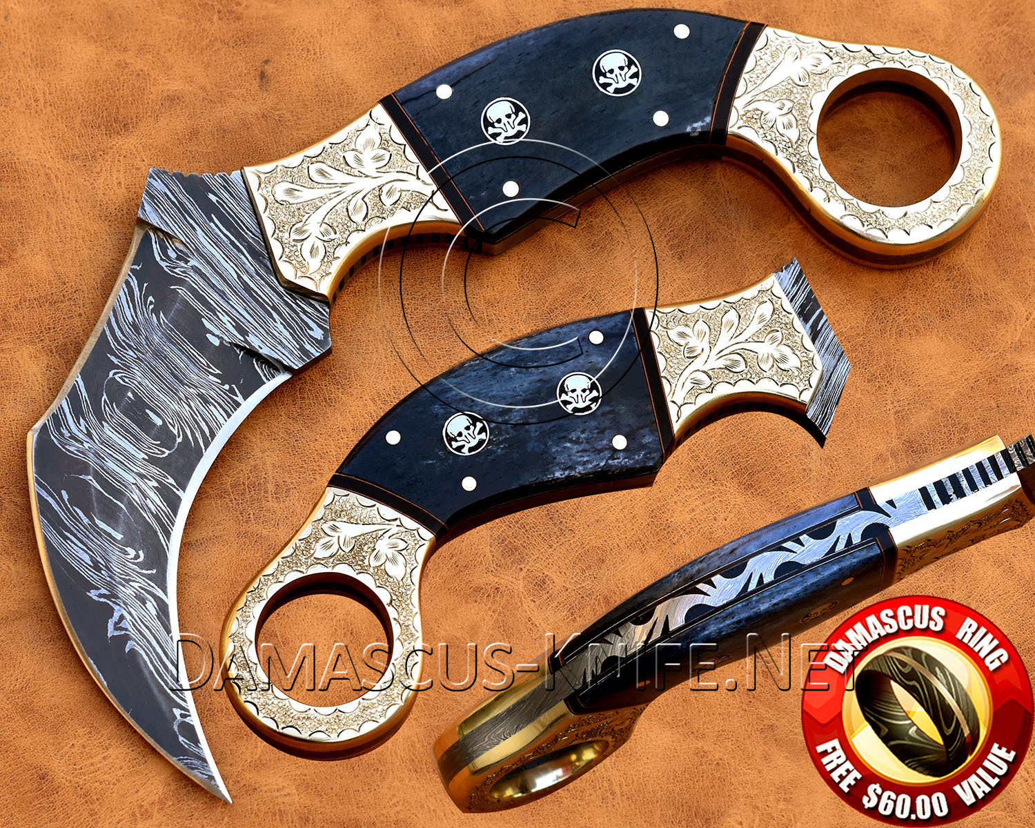 Arsons Personalized Damascus Steel Karambit Knife with Bone Handle