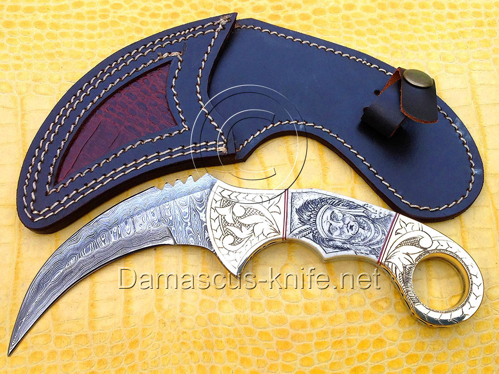 Arsons Personalized Scrimshaw Damascus Steel Karambit Knife