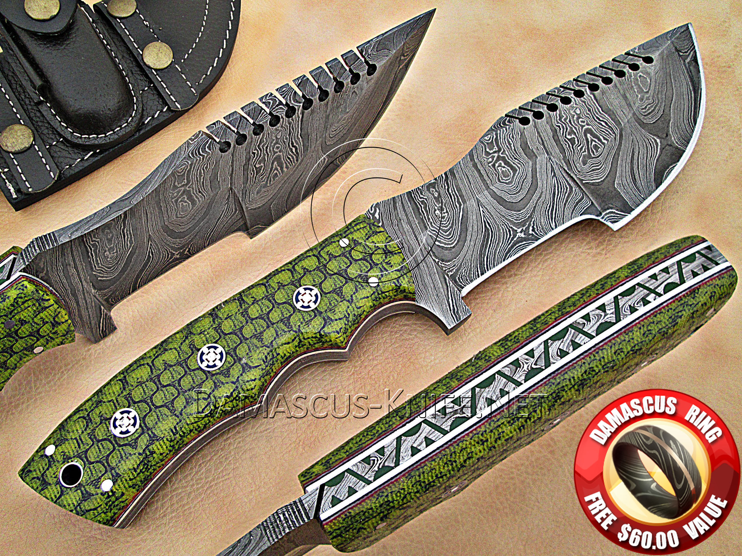 Custom Handmade Damascus Steel Tracker Knife with Sea Green G10 Handle, White Liners, and Star Pins