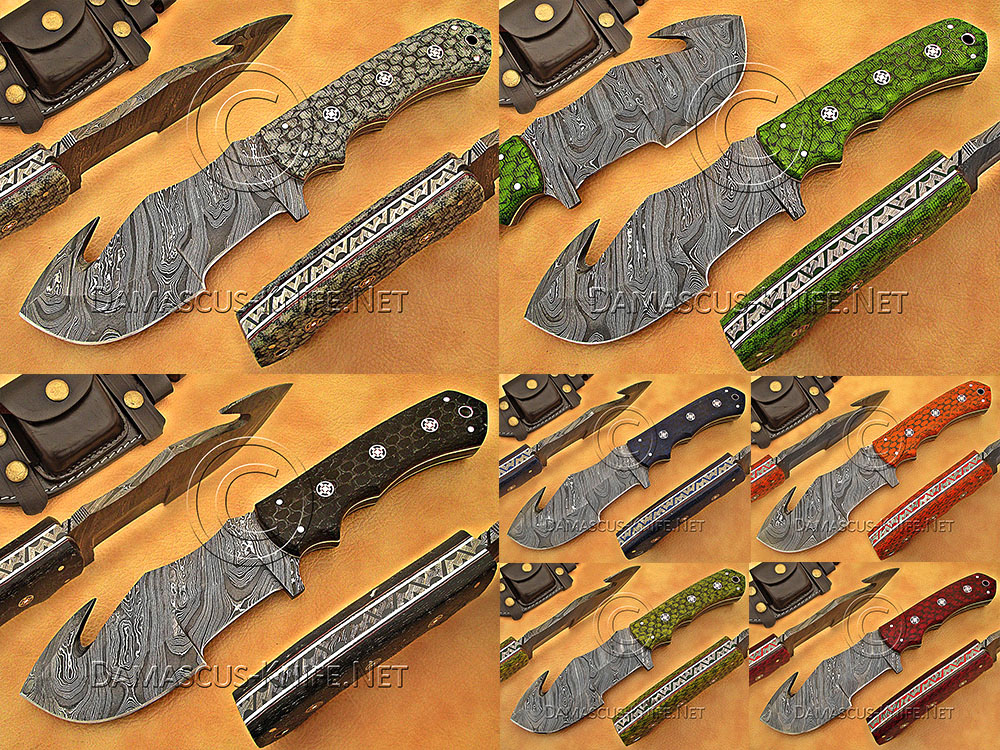 Lot of 7 Custom Handmade Damascus Steel Tracker Knives with Multi-Color G10 Handles, Utility Hooks, White Liners, and Star Pins