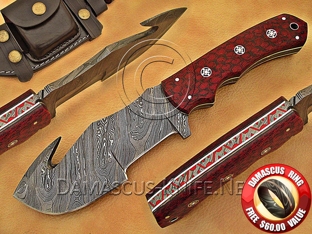 Custom Handmade Damascus Steel Tracker Knife with Red G10 Handle, White Liners, and Star Pins