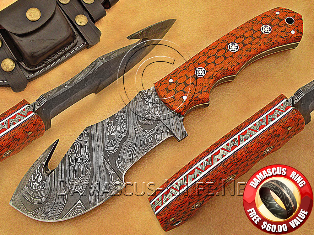 Custom Handmade Damascus Steel Tracker Knife with Orange G10 Handle, White Liners, and Star Pins