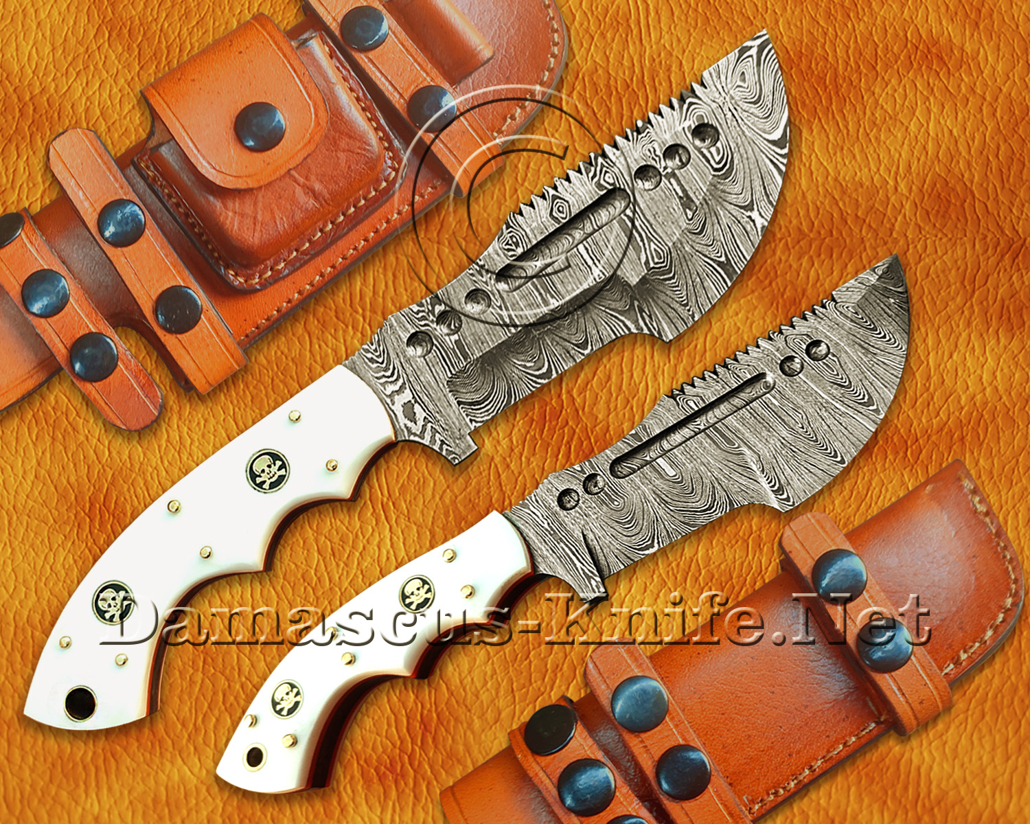 Lot of 2 Custom Handmade Damascus Steel Tracker Knives with White Corian Handles, Brass Liners, and Brass Skull Pins