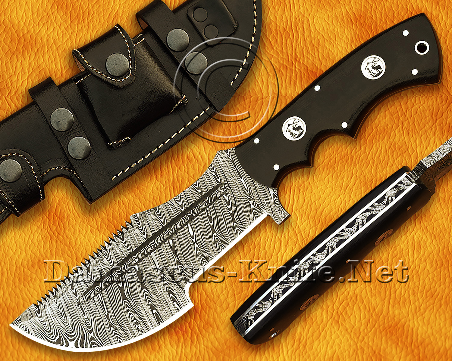 Custom Handmade Damascus Steel Tracker Knife with Black G10 Handle, White Liners, and Deer Pin