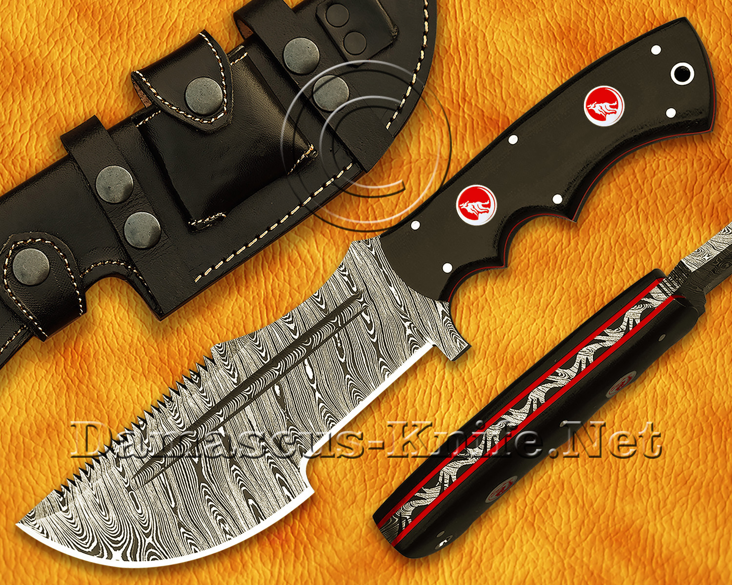 Custom Handmade Damascus Steel Tracker Knife with Black G10 Handle, Red Liners, and Wolf Moon Pins